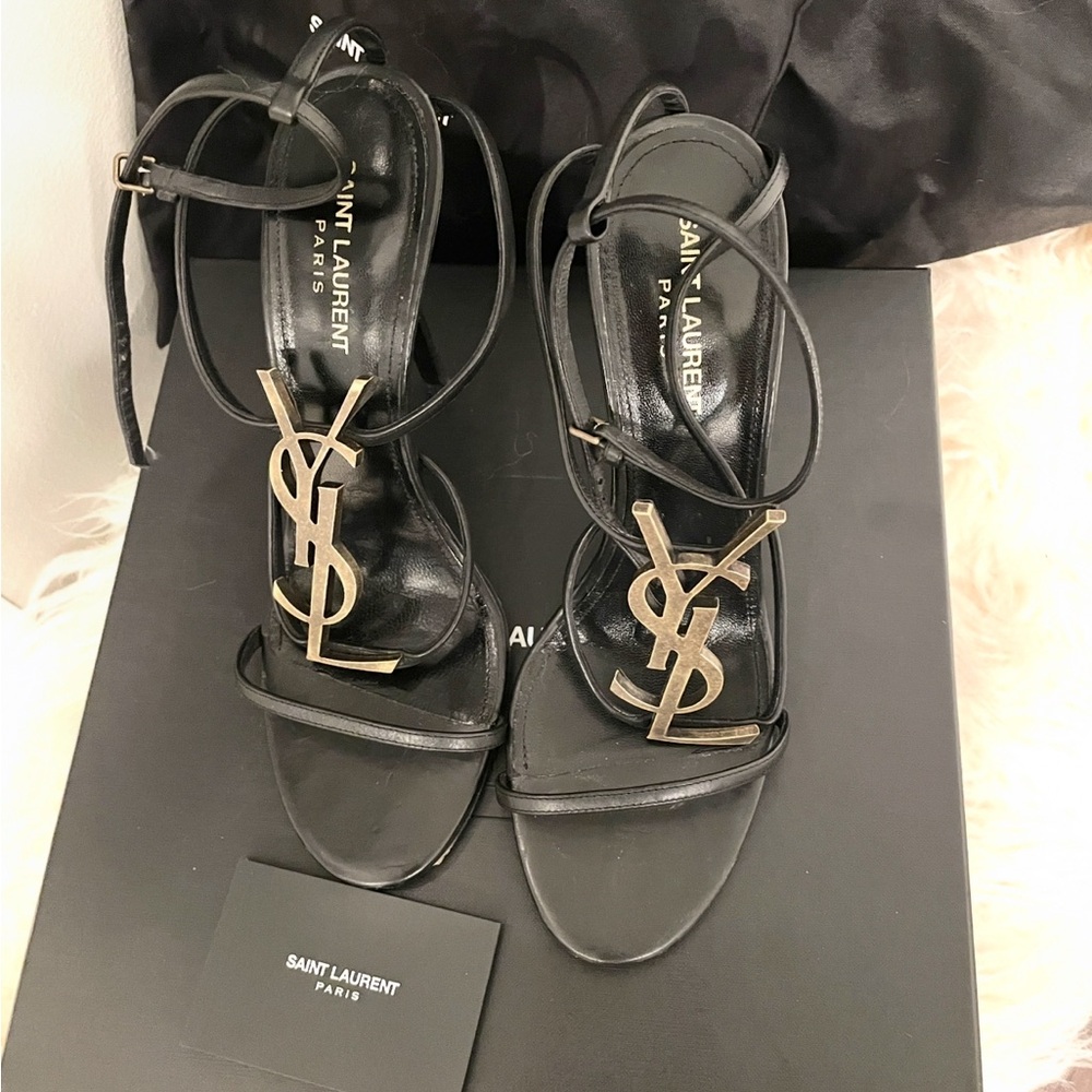 YSL Saint Laurent Cassandra Black Stiletto Heels with Gold Logo